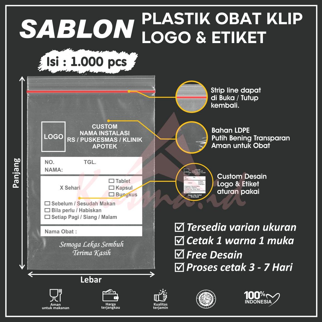 Sablon Plastik Klip Obat Custom Logo Warna Bening Ukuran 12 x 20 cm isi 1000 pcs