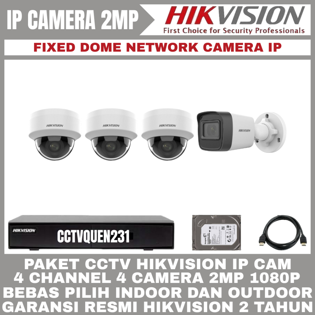 PAKET CCTV IP CAMERA HIKVISION 2MP 4 CHANNEL 4 KAMERA POE CAMERA CCTV DOME