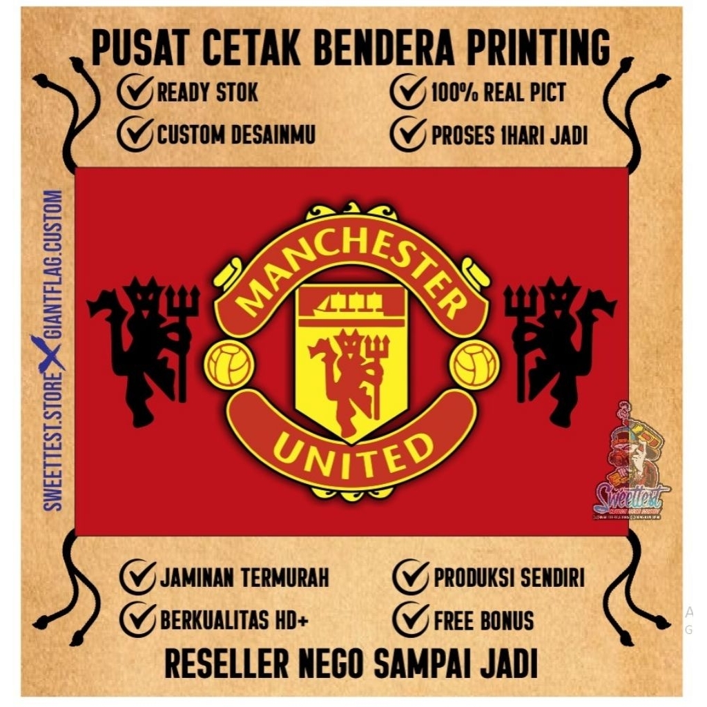 BENDERA 200x300cm, FREE FLAG, STICKER, KUPON BERHADIAH, PROMO, BENDERA PRINTING MANCHESTER UNITED, B