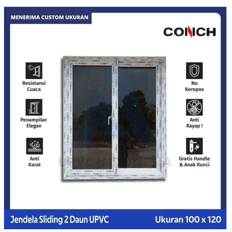Jendela Swing UPVC CONCH Ukuran 50 x 120 kaca 5mm full Accesories lengkap