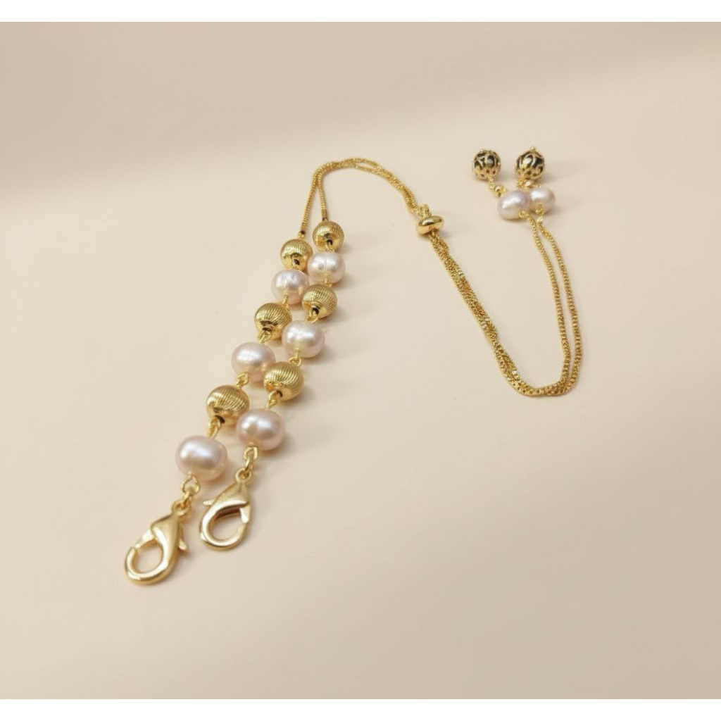 Aksesoris Perhiasan Konektor Connector Hijab Masker Rantai Serut Rhodium Lapis Emas 18 Karat Mutiara