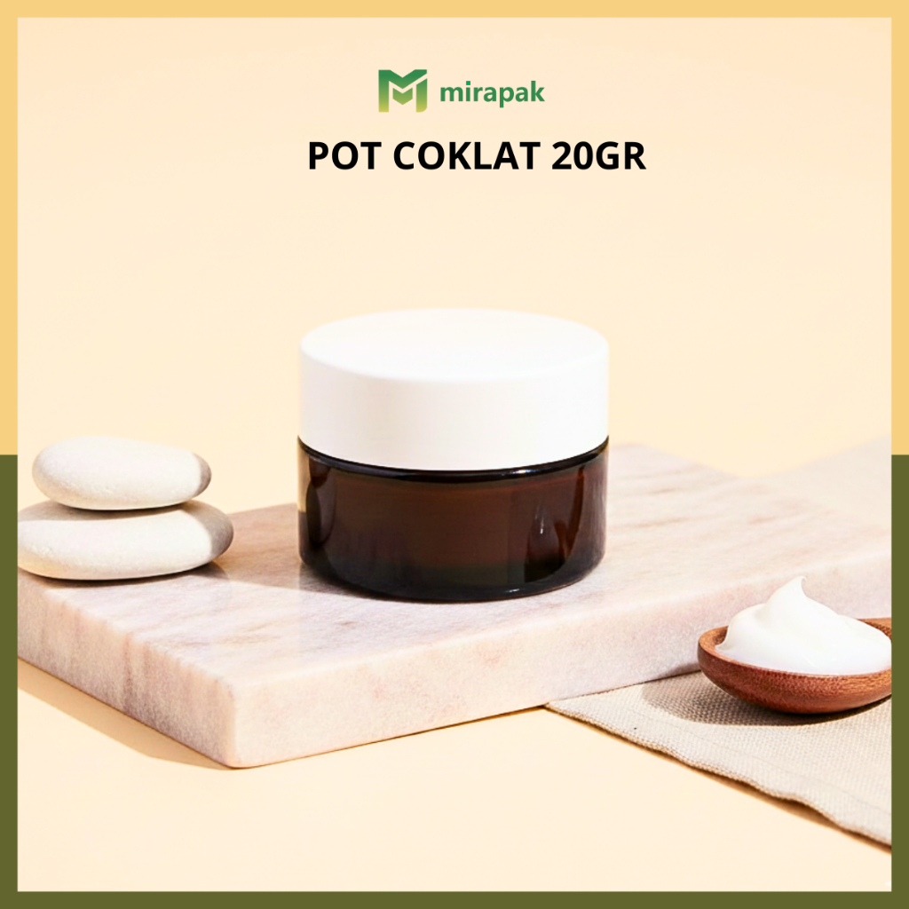 POT KRIM 20GR COKLAT KACA TEBAL - TUTUP PUTIH - JAR KRIM WADAH CREAM SKINCARE KOSMETIK - PC20 CPW20
