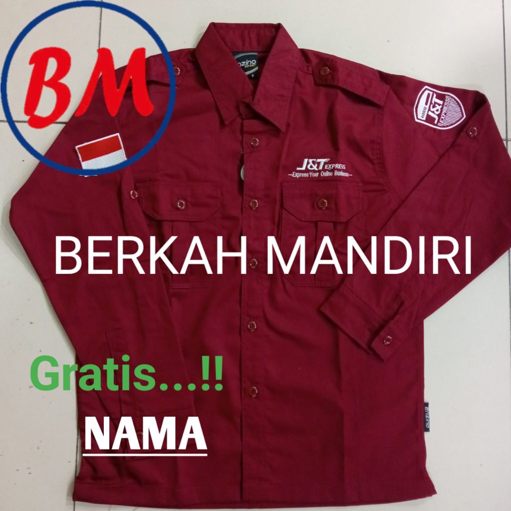 Kemeja premium J&T Express kantong 2 warna marun tangan panjang seragam j&t express Full bordir