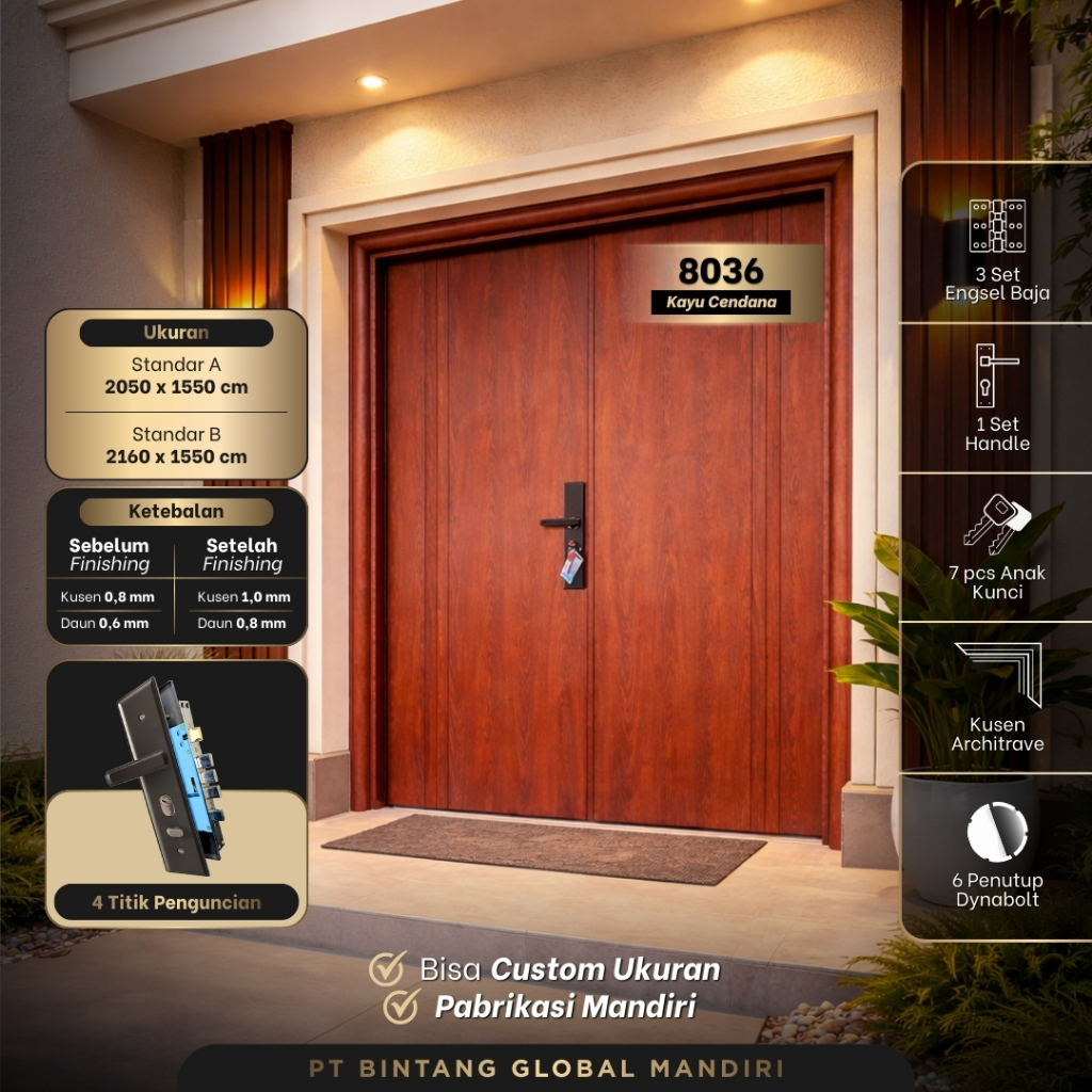 TB KONTRAKTOR MUDA - (LUXURY DOUBLE 8036) Pintu PLAT BAJA Utama DOUBLE BAJA KUPU KUPU MOTIF KAYU JAT