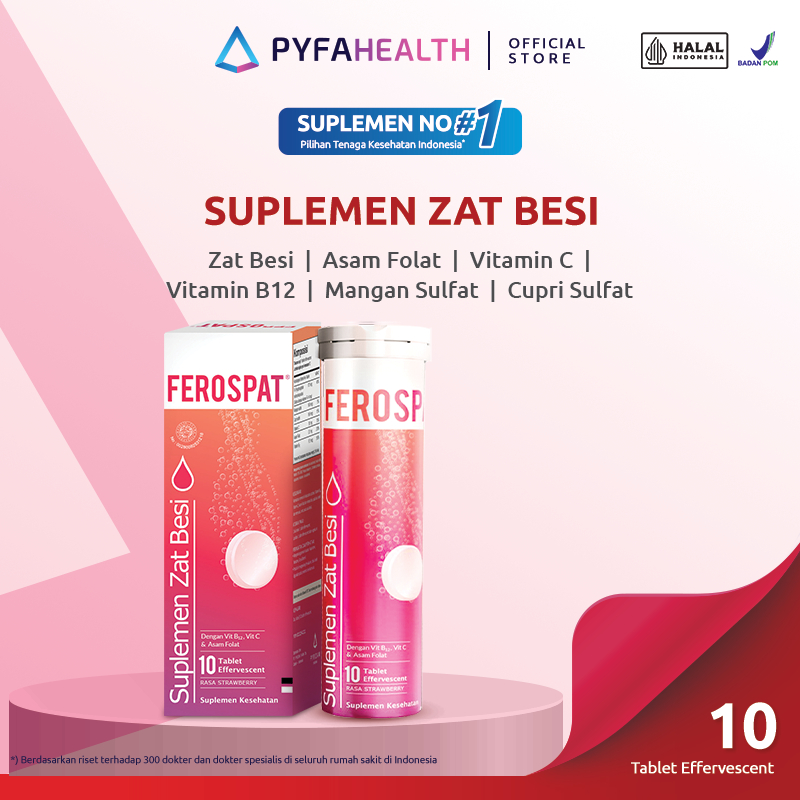 FEROSPAT SUPLEMEN ZAT BESI - 10 TABLET EFFERVESCENT - Zat Besi, Mencegah Anemia, Kurang Darah, Lelah