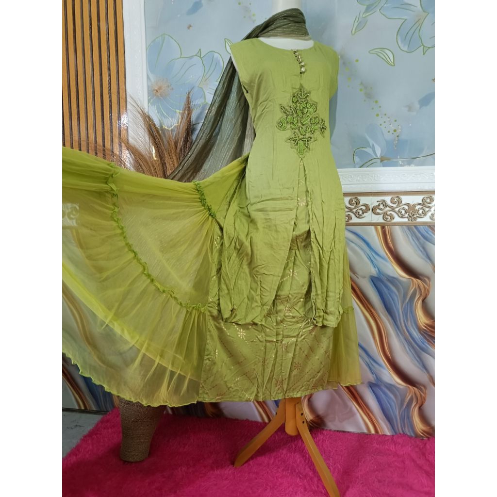 BAJU INDIA/ ANAR KATUN RAYON IJO KUTUNG BARU/ SET SELENDANG