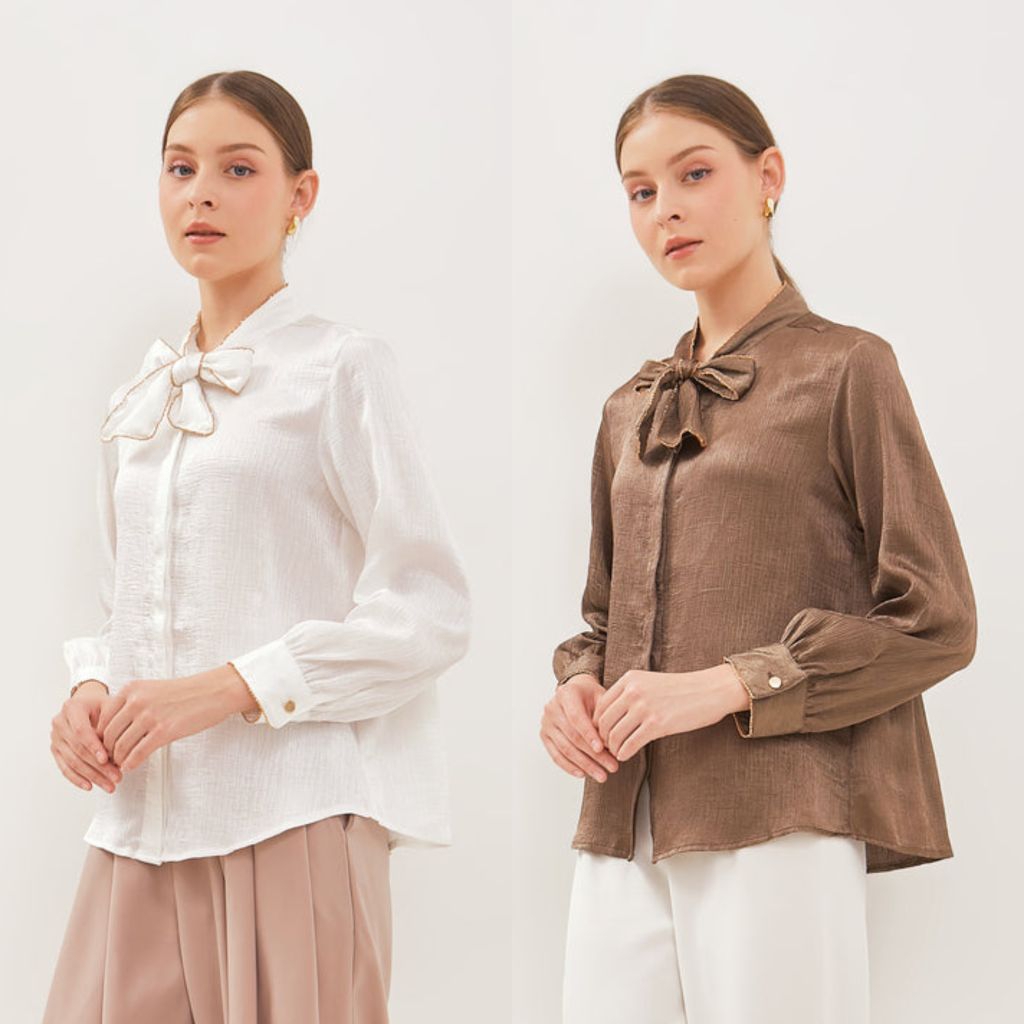 Blouse Gold Trim Neck Tie Satin SIMPLICITY