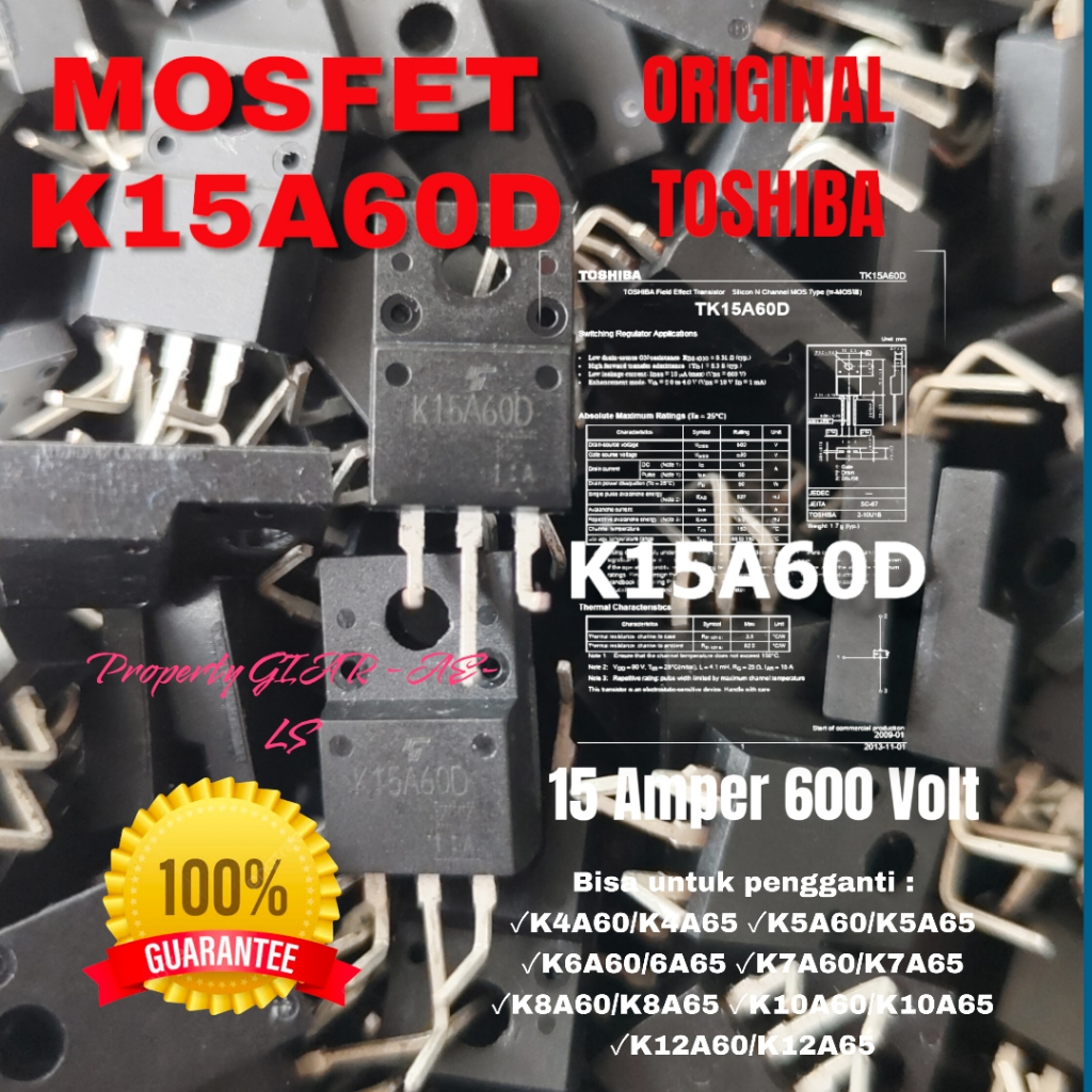 TRANSISTOR FET K15A60D 15 AMPER 600VOLT PENGGANTI 4N65 4A65 7N65 7A65 7A60 10N65 10A65 10A60 12N65 1