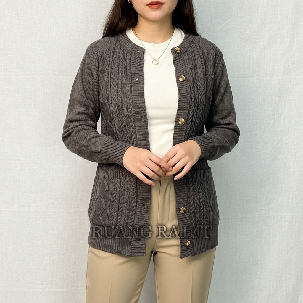 Cardigan Motif Premium Wanita Melissa - Rajut Cable Ukuran Jumbo Besar Casual Ruang Rajut
