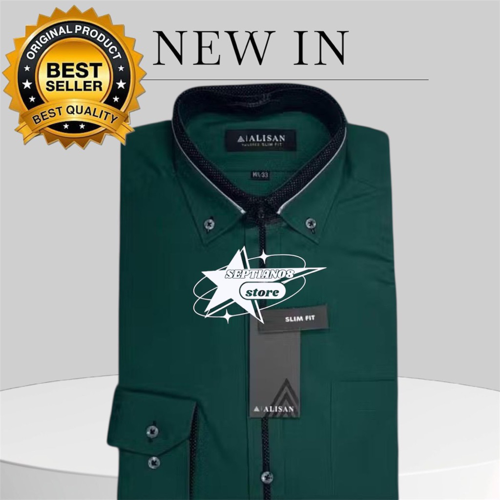 (ALISAN) original kemeja lengan panjang model slim fit premium kombinasi list wana (hijau botol -2)