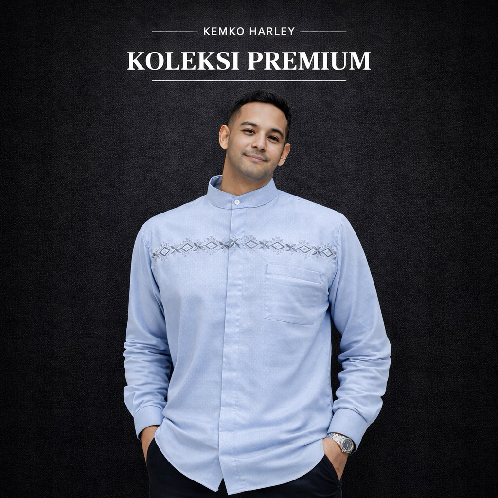 Kemko Harley Biru Langit Premium Pria Lengan Panjang Bordir Abu Katun Eksklusif Kemeja Koko Modern S