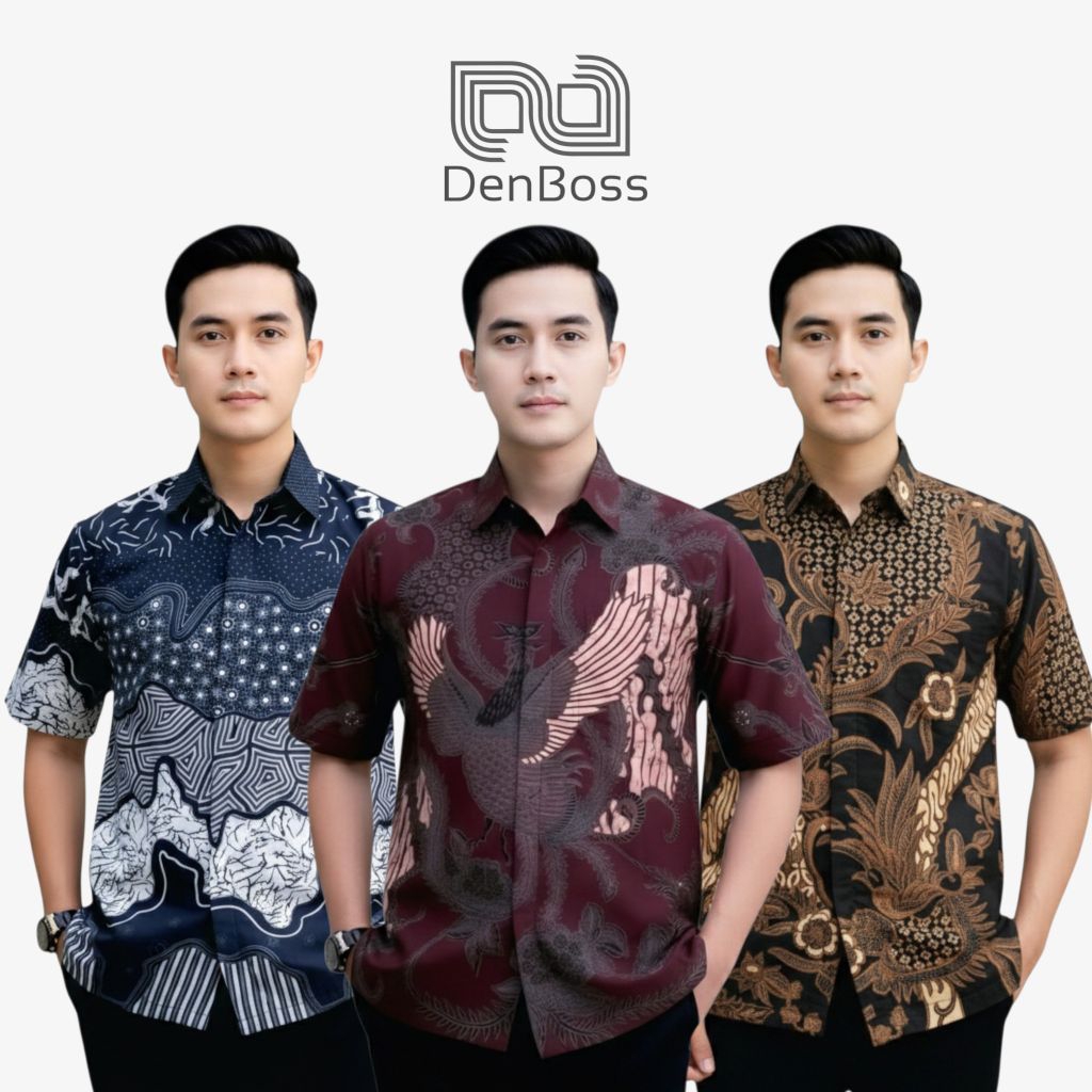 DENBOSS Hem Batik Pria Lengan Pendek Warna Navy Moka Atasan Batik Cowok Kantor Kekinian Kode 002