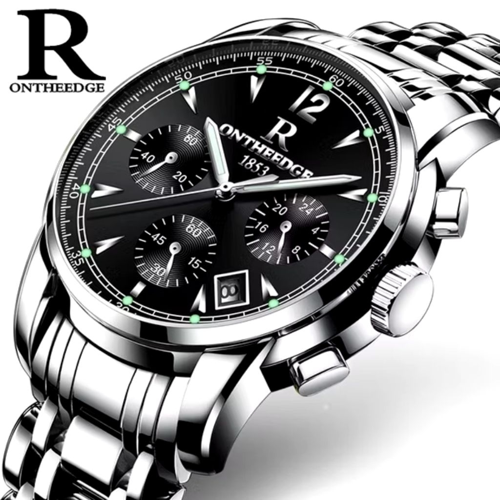 R ONTHEEDGE Men's Fashion Luxury Watches Quartz Analog Date Big Face Dial Multifunction Waterproof N