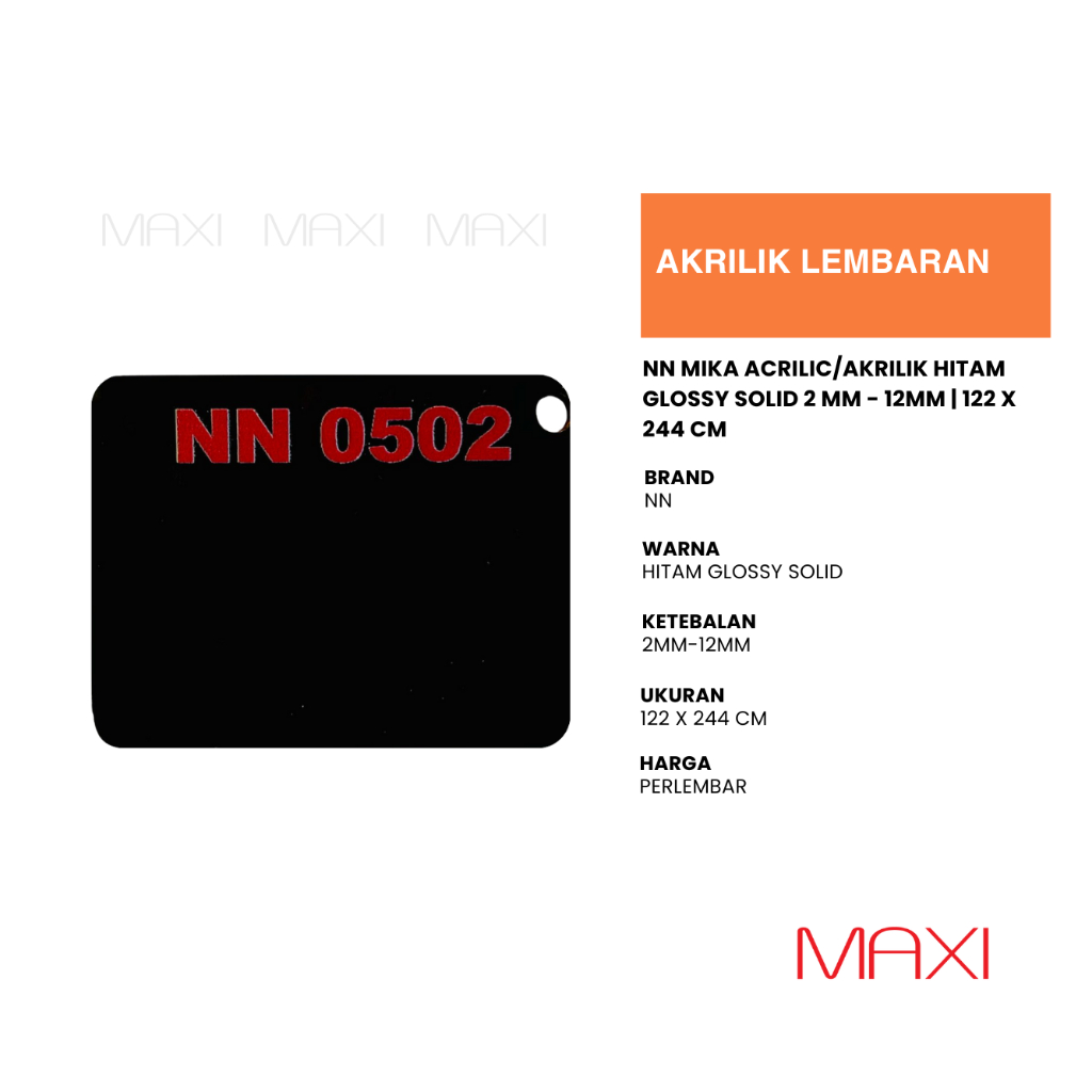 NN | Mika/Akrilik | Hitam Glossy Solid | Lembaran 122x 244 cm | Tebal 2mm-10mm