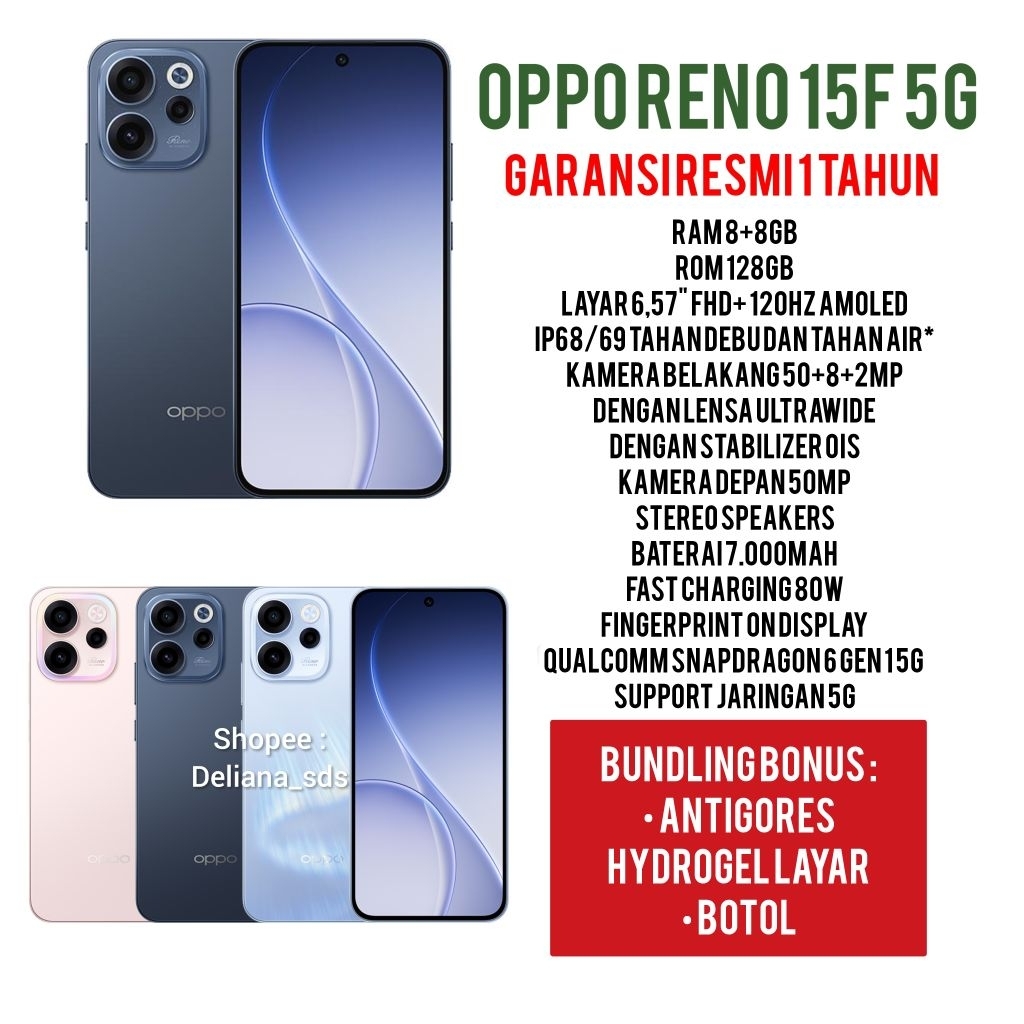 Oppo Reno 15F 5G 8/128 8+8/128 16/128 Garansi Resmi 1 Tahun Oppo Reno 15F 8/128 Oppo Reno 15F 8+8/12