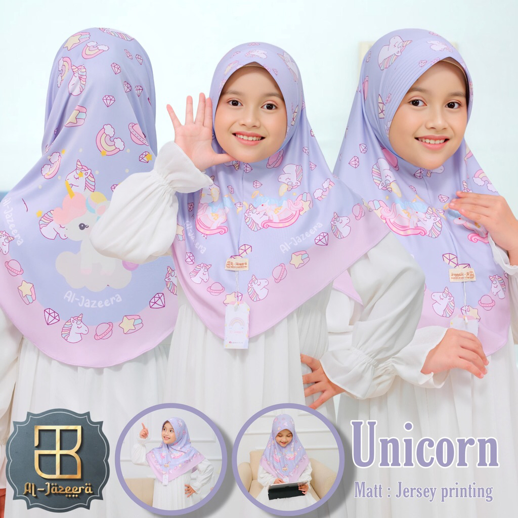 HIJAB INSTAN ANAK Al-JAZEERA MOTIF unicorn JERSEY PRINTING ADEM NYAMAN DIPAKAI ORI AL-JAZEERA