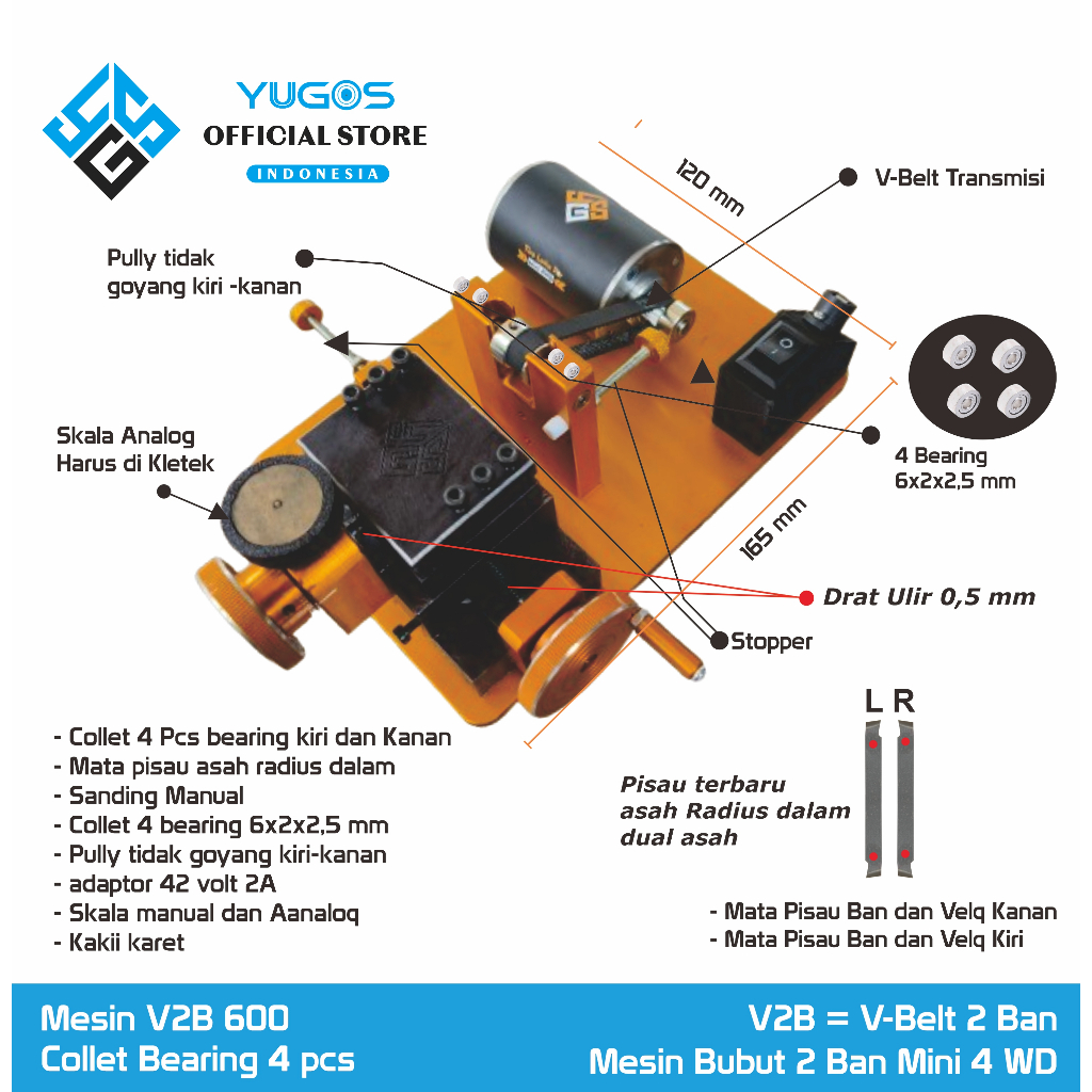 Mesin Bubut 2 ban Mini 4 WD V2B 600  Drat 0,5 mm YUGOS Development