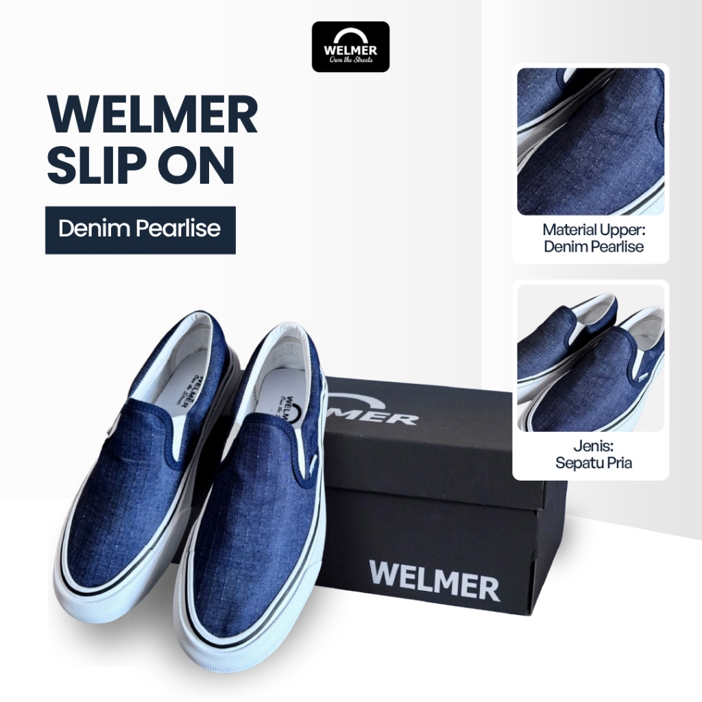 Sepatu Pria Sneakers WELMER Slip On Denim Pearlise Cowok Low Cut Casual Shoes Jeans Santai Kasual Pr