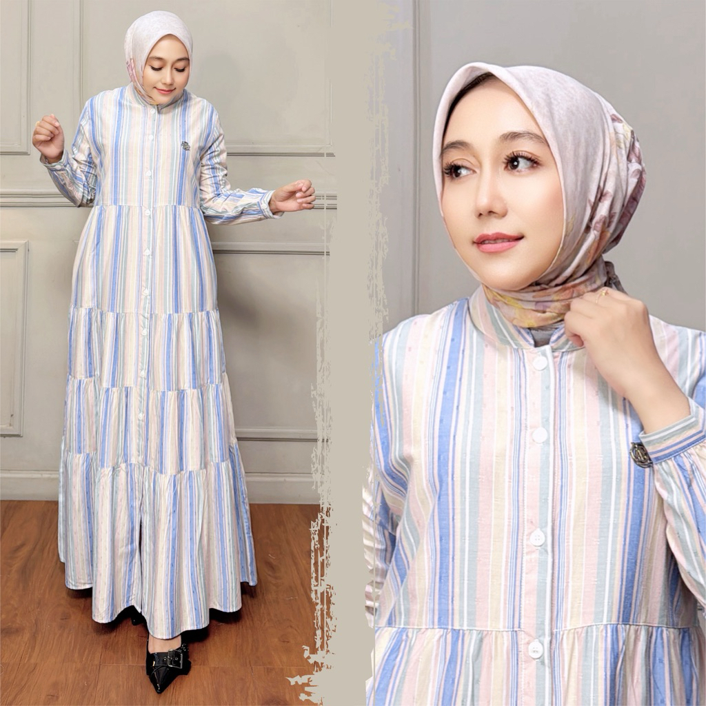 MOZHA SHAFURA. Cloth- VIONA DRESS  Gamis Muslim Katun Salur Triset Doby Wanita Maxi Halus Lembut Nya