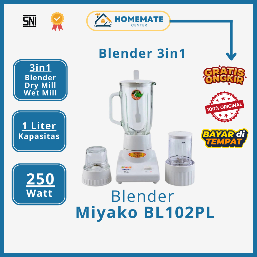 Blender Miyako BL-102 PL Plastik 3in1 Lengkap - Blender Jus Bumbu Kering & Basah 1L Original