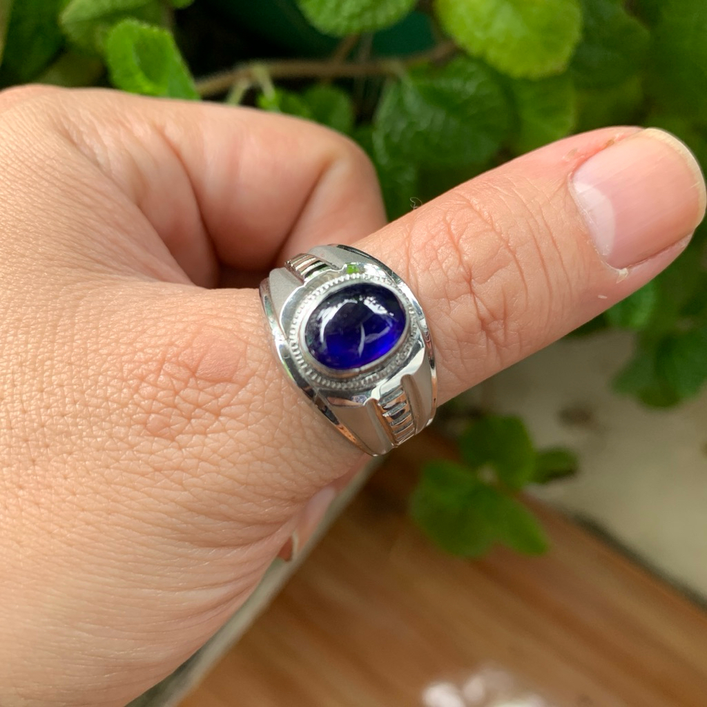 Cincin Batu Natural Royal Blue Sapphire Memo Safir Biru Cabochon Ring Monel Doff Handmade Size 11