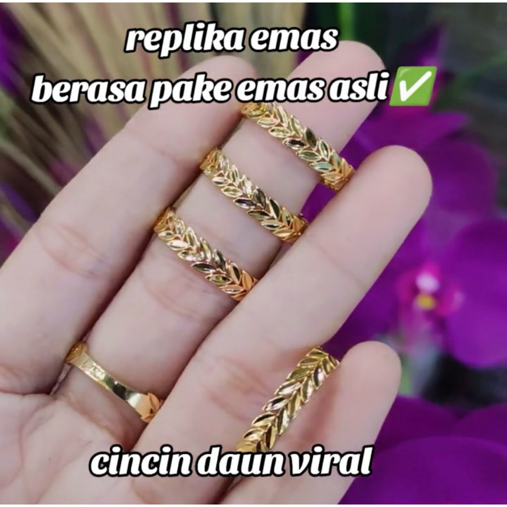 Qrjewellery - Cincin Daun Viral Replika Emas 24K