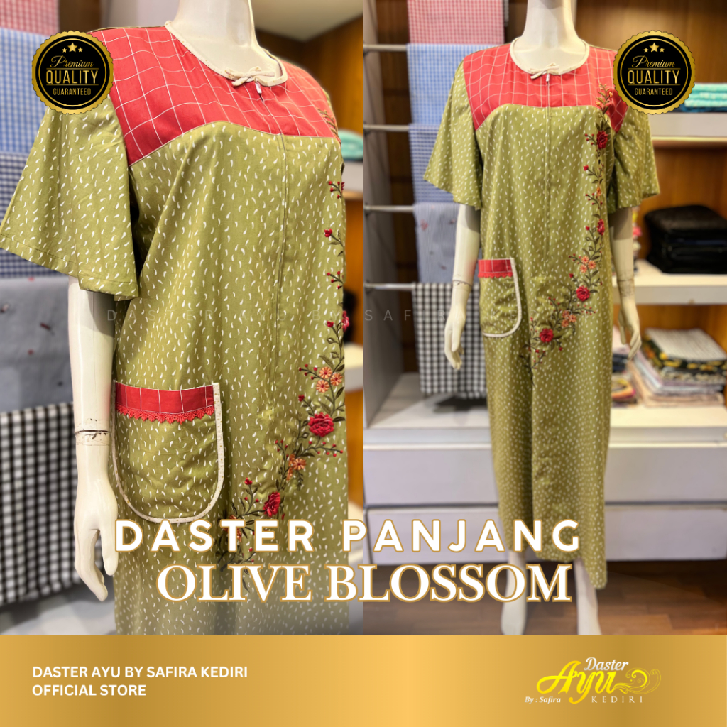 Daster Ayu by Safira | Daster Wanita Bordir Bunga Olive Kombinasi Kotak Panjang Dress Adem