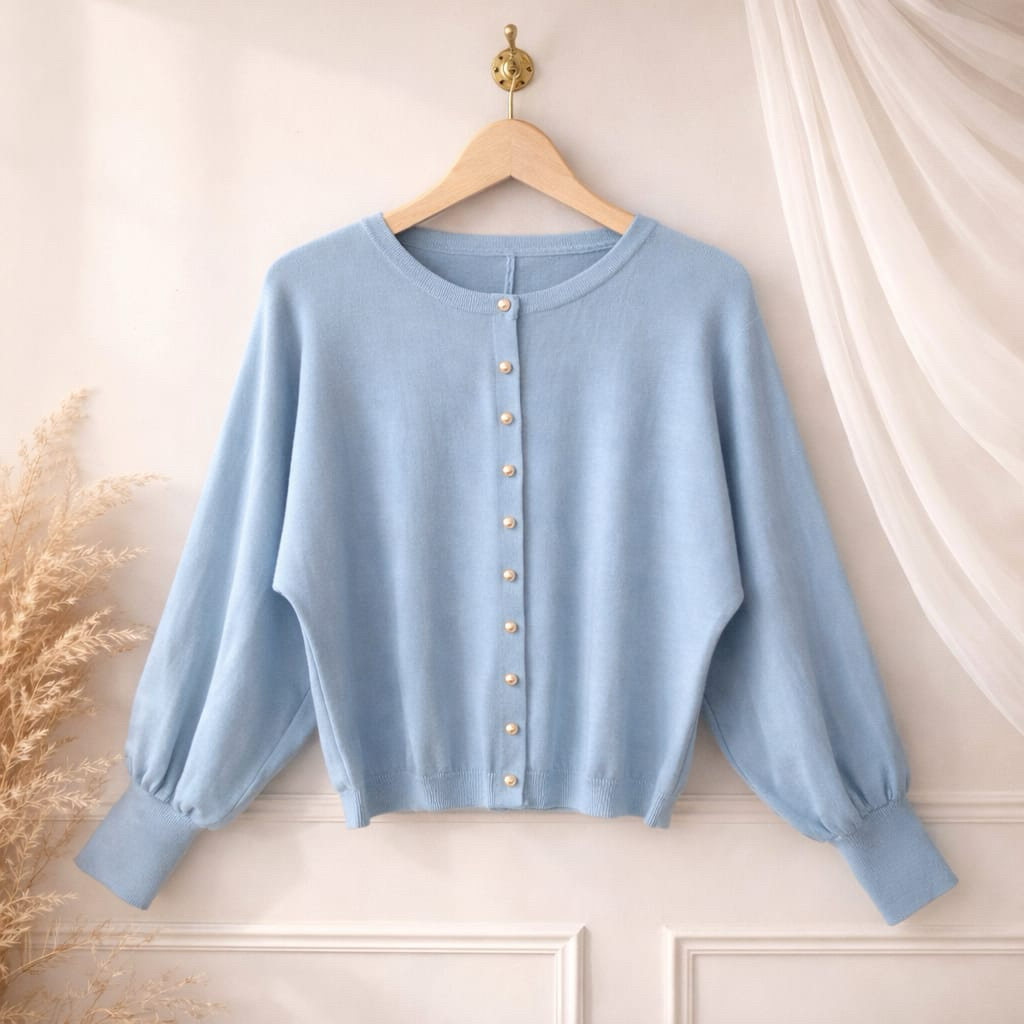 Cardigan Rajut Wanita Premium Kancing Depan Lengan Balon Knit Outer Korea Polos Kekinian