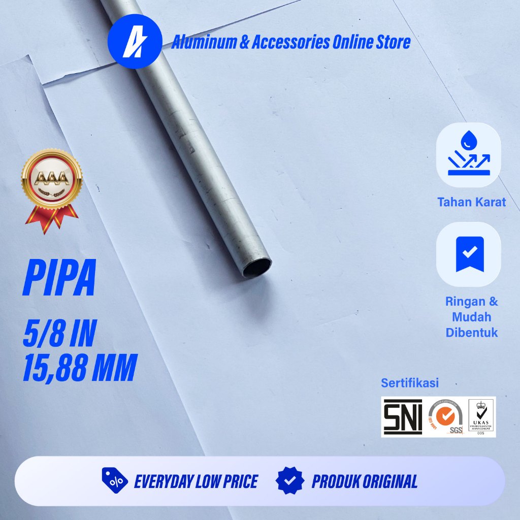 ALUTERRA Pipa Aluminium 15,88 mm (5/8 Inch) • Tebal 1 mm • Panjang 100 cm Silver Anodized Tahan Kara