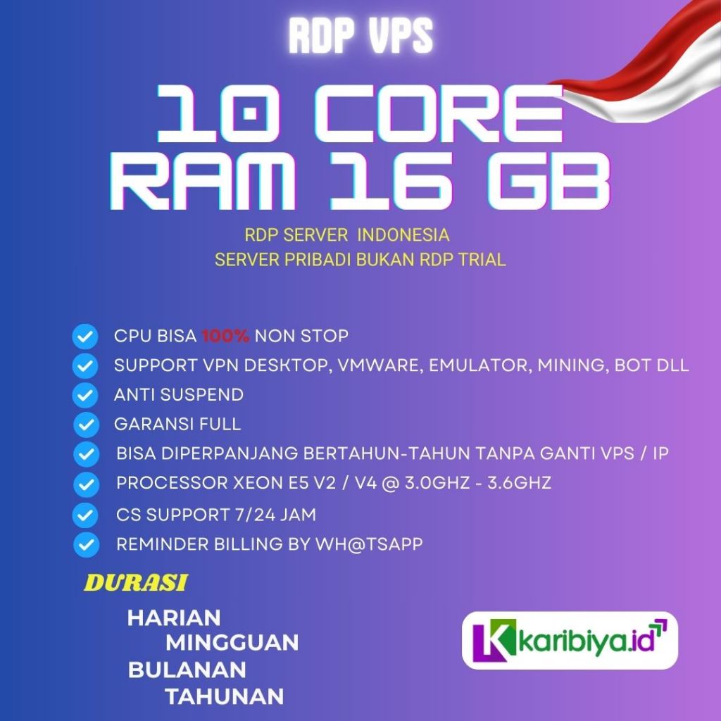 RDP VPS Indonesia 10 Core Ram 16 GB Windows Full Admin Bergaransi Anti Suspend Emulator Forex Youtub