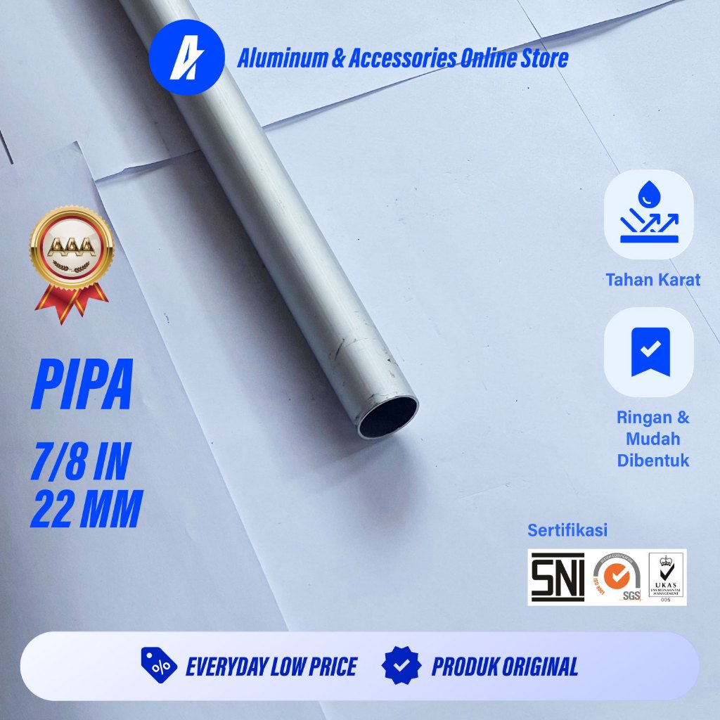 ALUTERRA Pipa Aluminium 22 mm (7/8 Inch) • Tebal 1 mm • Panjang 100 cm Silver Anodized Tahan Karat M