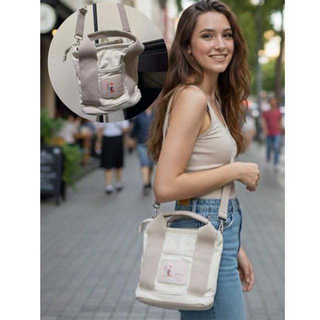 like new canvas beige sling bag lucu unik coklat muda krem puth white gading tulang coksu remaja ana