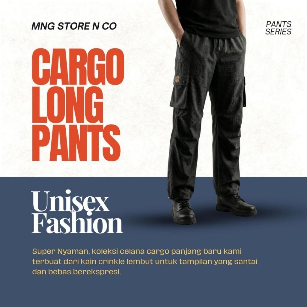 MnG Celana Cargo Panjang Hitam Pria Wanita Casual Outdoor Stylish