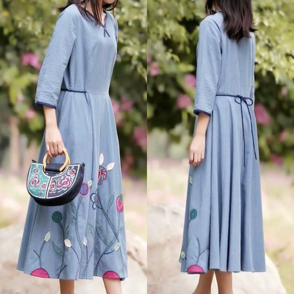 DRESS KATUN PREMIUM BIRU GARIS SALUR MERAH PUTIH BORDIR BUNGA PATCHWORK KOREA IMPORT