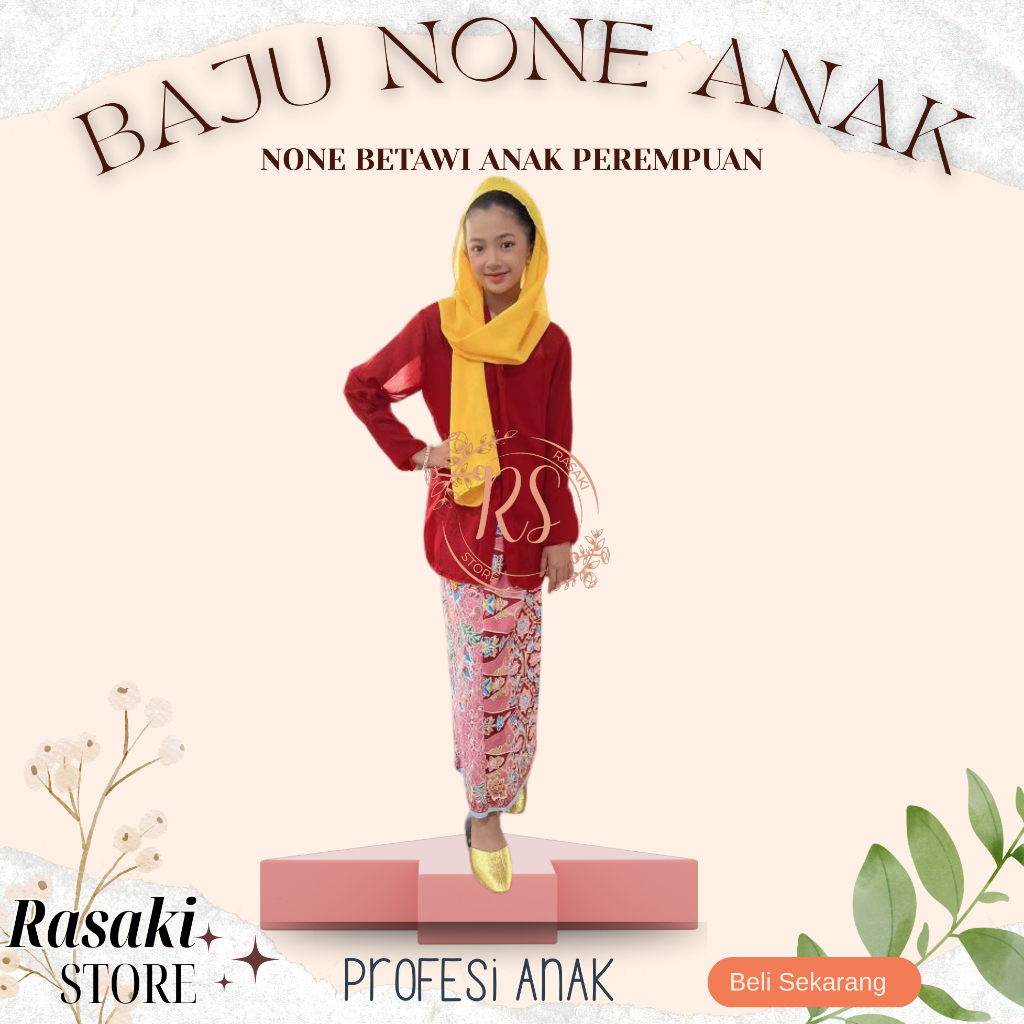 Baju Adat Betawi Anak Perempuan Saten Kebaya Rok Kerudung S-XL Merah Kuning baju anak betawi perempu