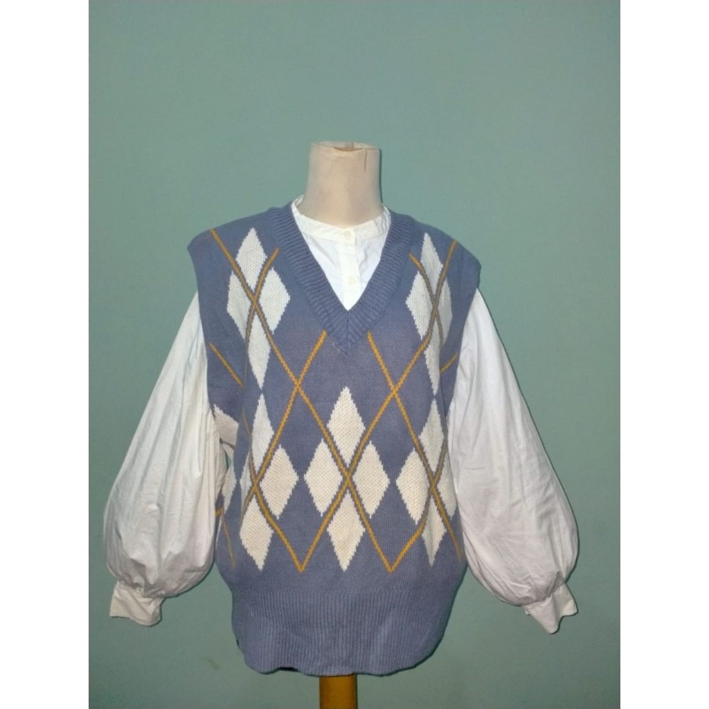 Preloved Vest Rajut Motif Ketupat Denim