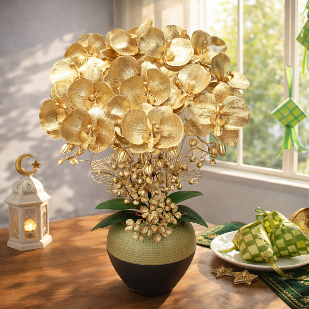 Anggrek Bulan Bunga Hias dengan Bunga Ungu Putih dan Pot Plastik