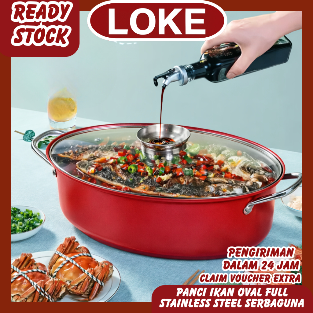 LOKE Panci Steamer Untuk Tim Ikan Kukusan Stainless Set Dengan Capitan Warna Merah Biru Silver