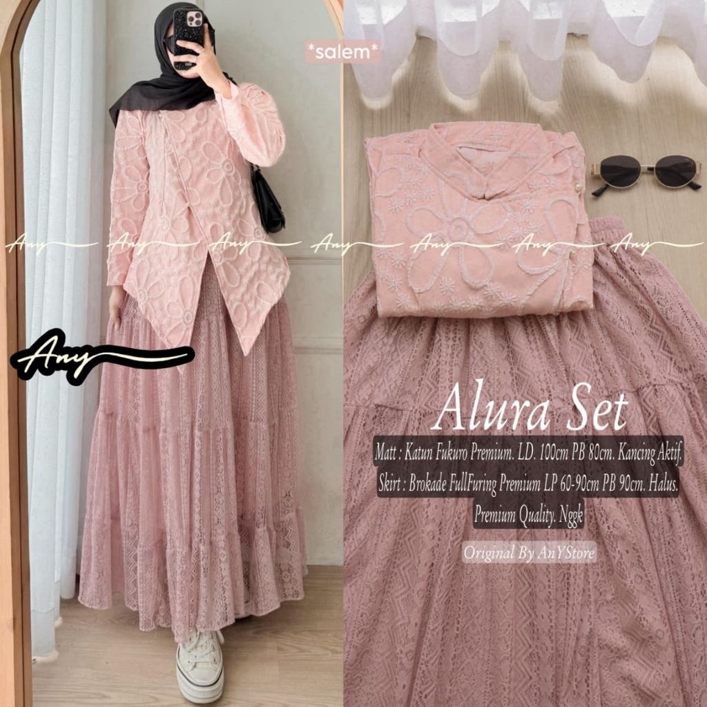 ALURA SALMA SET ORIGINAL BY ANY STORE setelan atasan tunik rayon mix bordir premium dan rok plisket 
