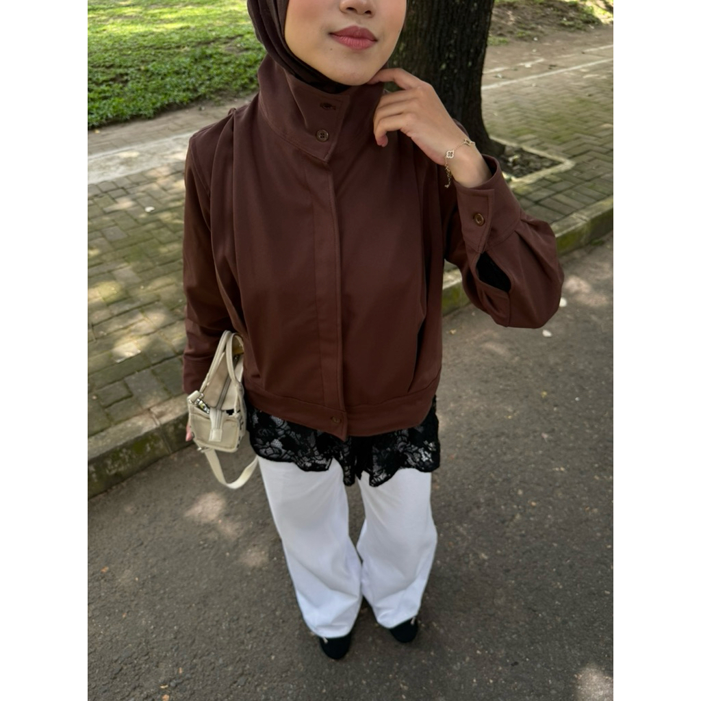 high neck jacket | dark brown jacket | outter wanita | jacket wanita