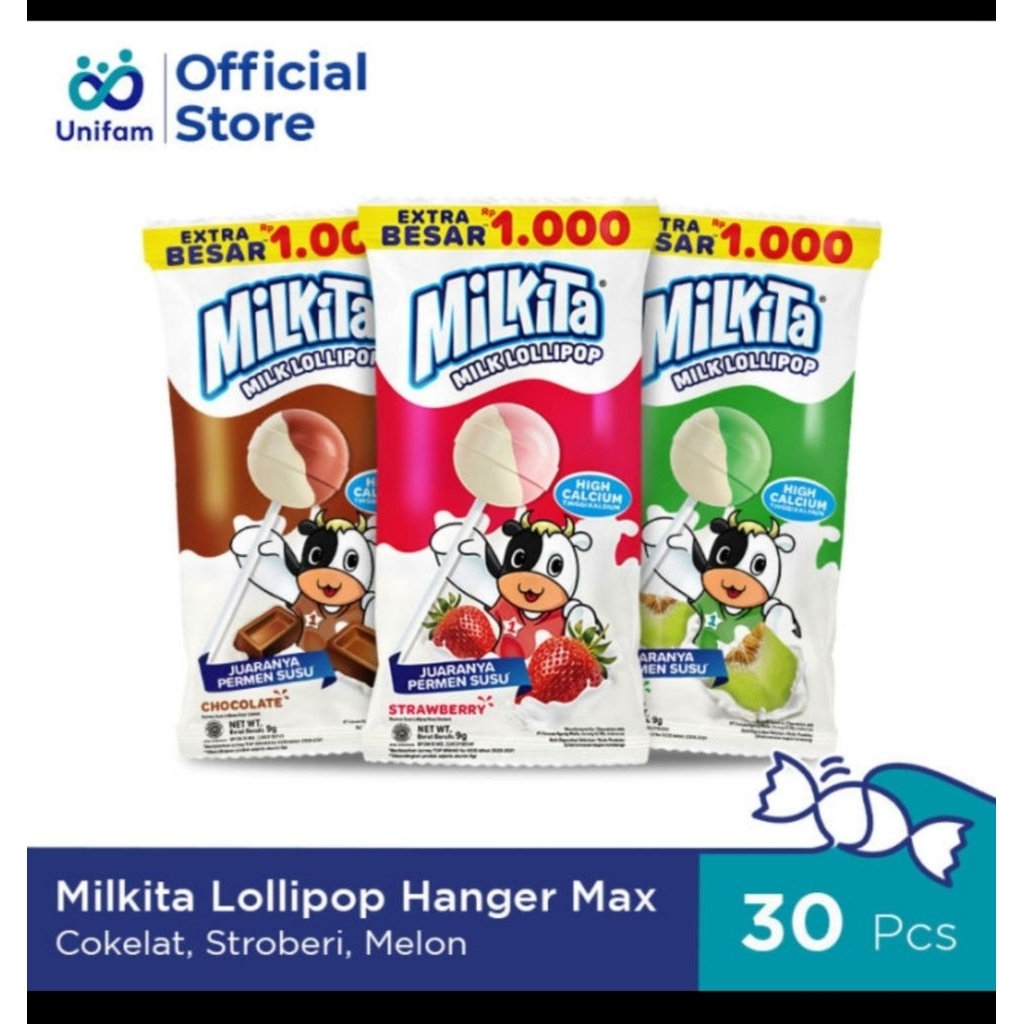 PERMEN Lolipop Milkita rasa coklat stroberry melon isi 30pcs