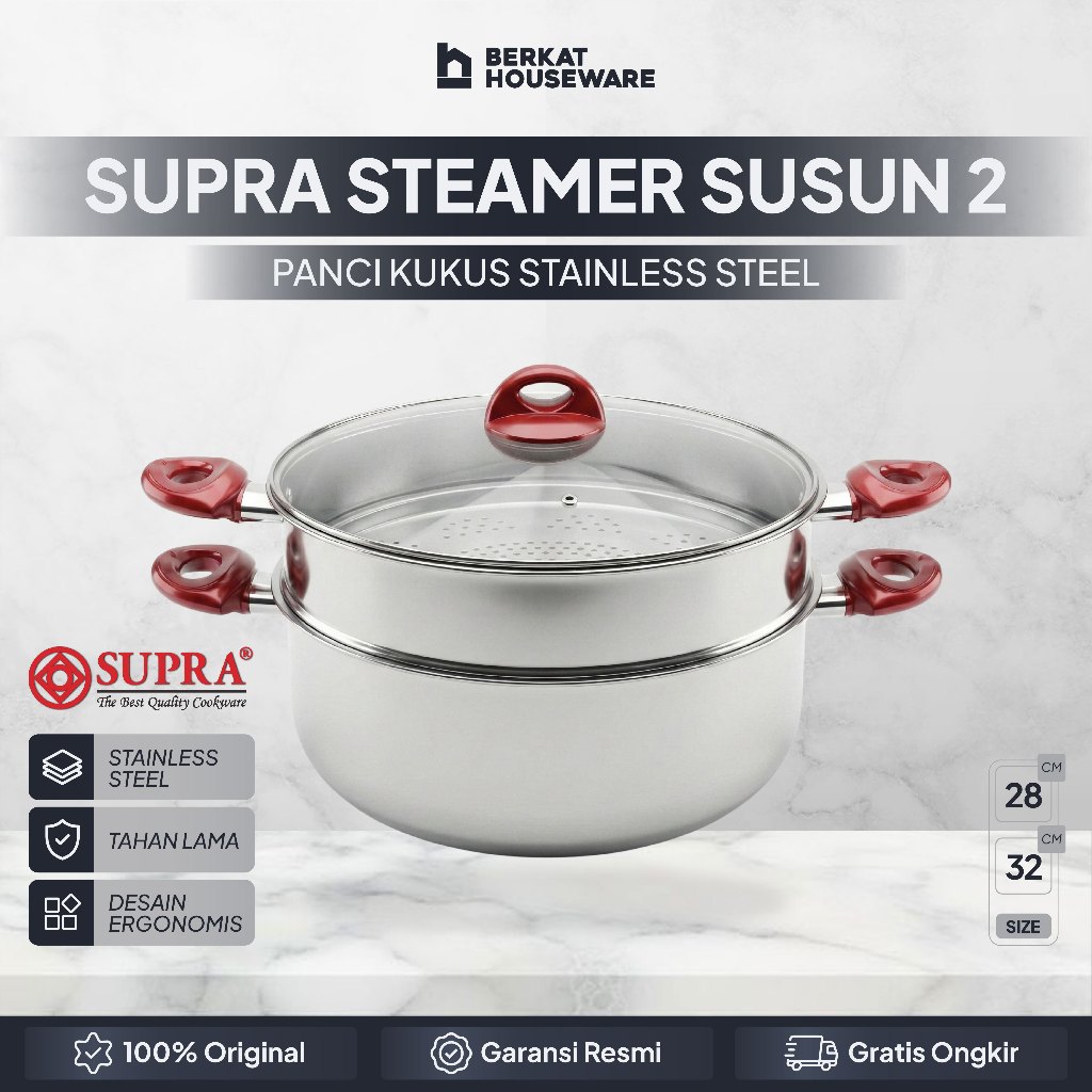 Supra - Panci Steamer Susun Stainless Steel Panci Dandang Langseng Serbaguna Anti Karat Tutup Kaca