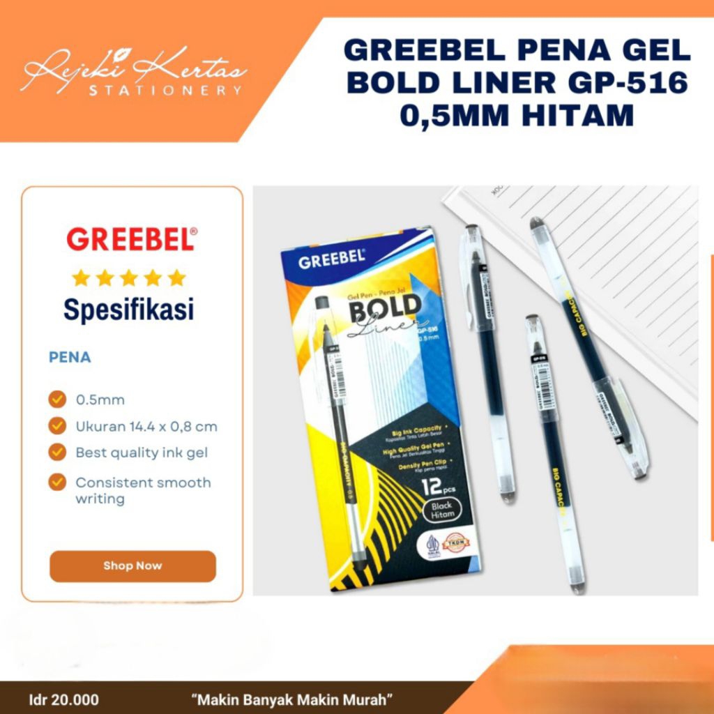 Greebel Pena Gel Bold Liner GP-516 0.5MM Hitam (1 Pack Isi 12)