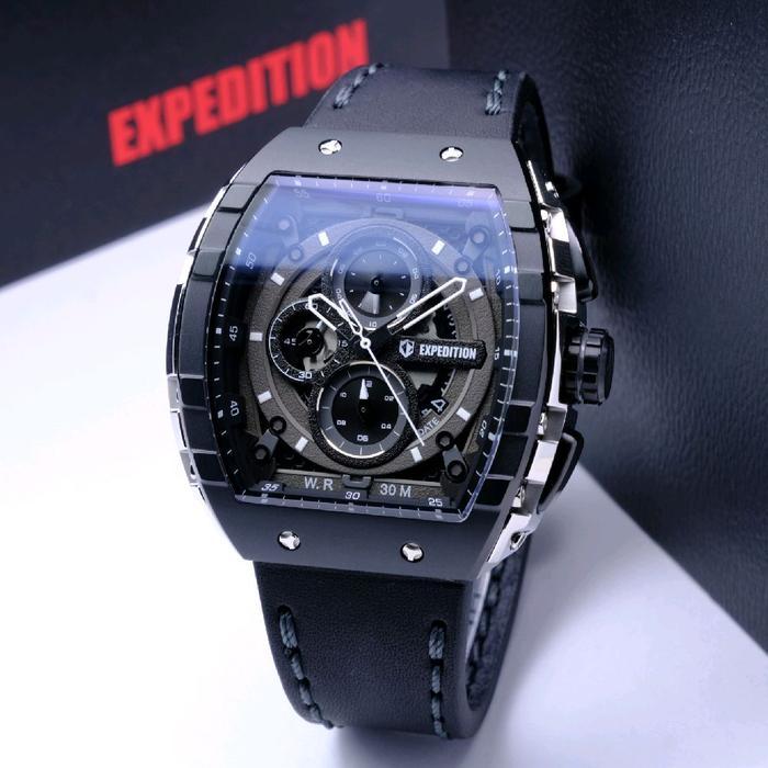 Jam Tangan Pria Expedition Exp Chronograph E 6782 Silver Black Dial Black Leather Strap