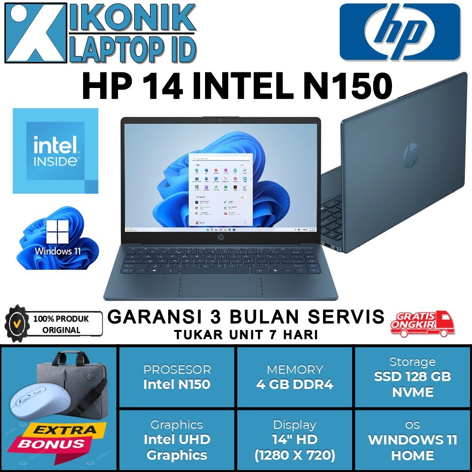 Laptop Baru HP 14 Intel N150 4 Core Ram 8GB Ssd 384GB Window 11 Original