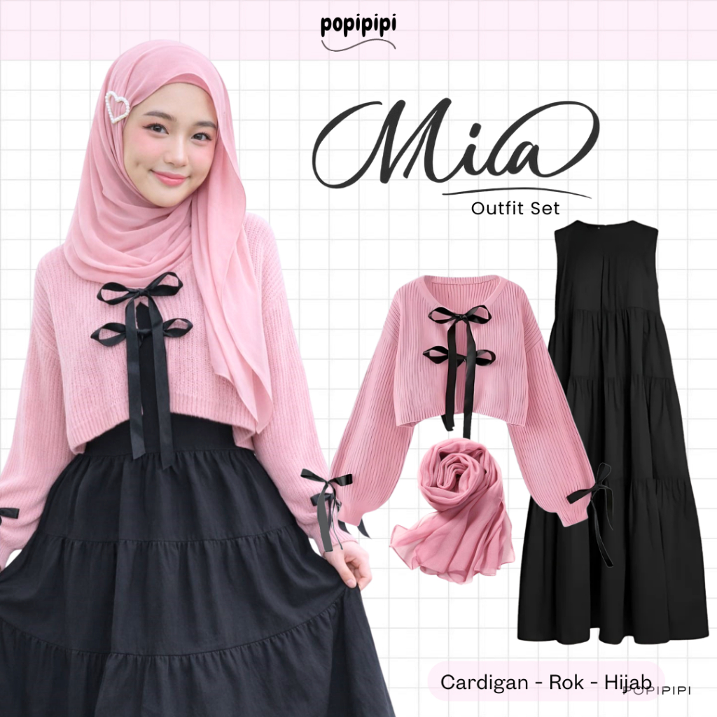 POPIPIPI - Mila Set 3in1 (Cardigan + Dress + Hijab) Setelan Muslimah Remaja 2026 Stylish Allsize PP1