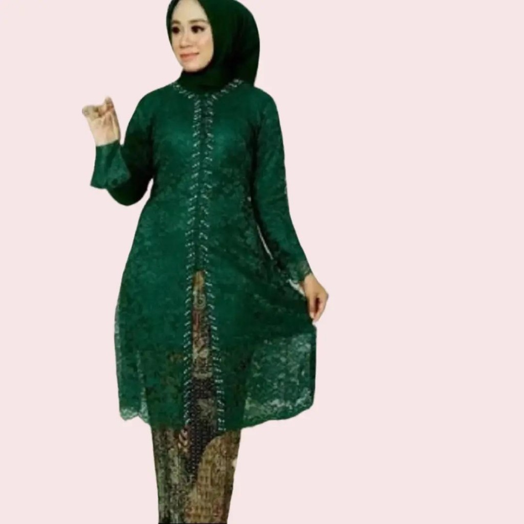 Set Kebaya Tunik Payet Bahan Brokat Full Puring Lengan Panjang Warna Hijau Botol