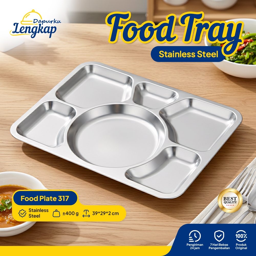 Dapurku Lengkap - Food Tray Tebal / Piring Nampan Stainless Sekat 6 / Ompreng Rumah Sakit Sekat Stai