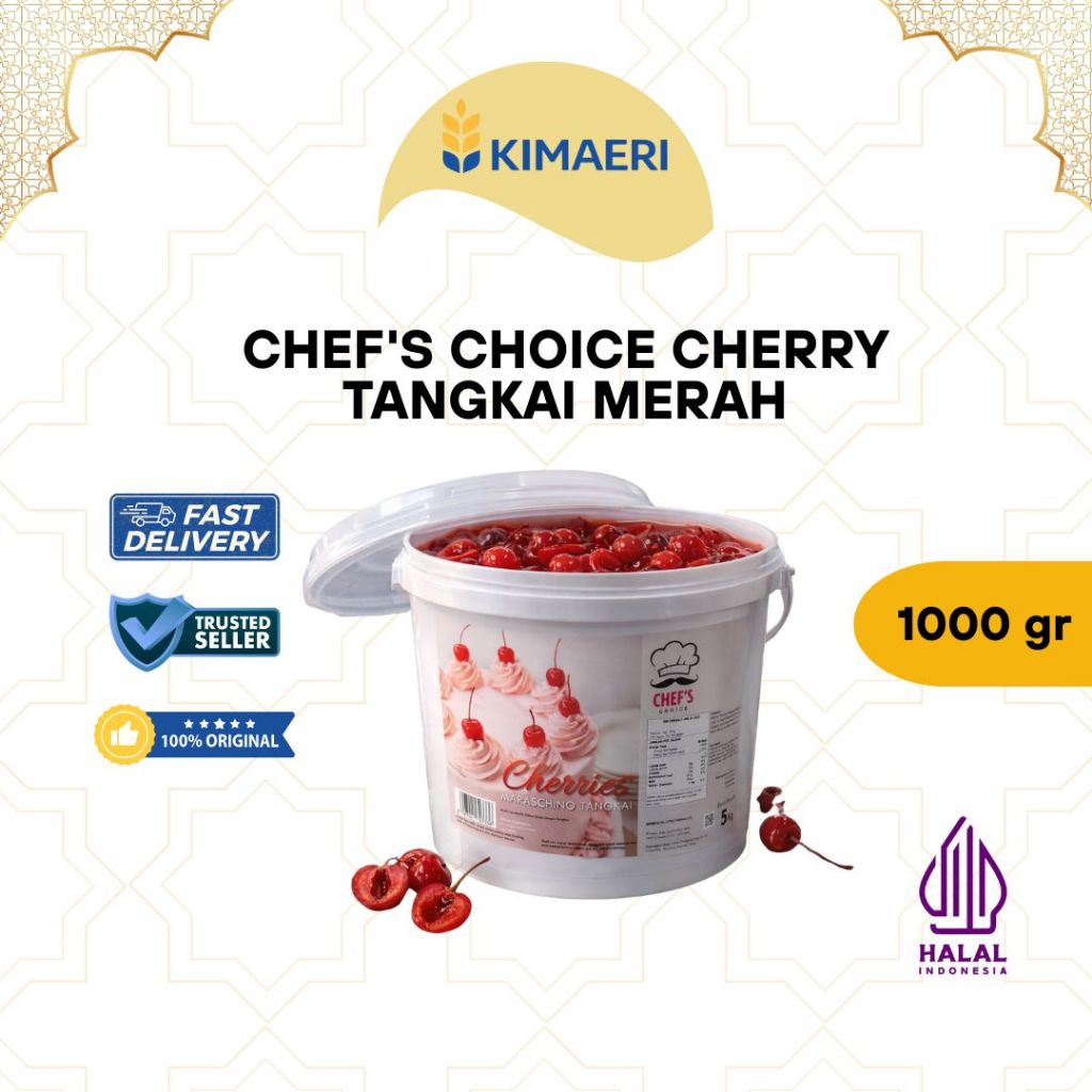 Chef’s Choice Cherry Maraschino Tangkai Merah 5kg x 2 Pail / CTN | Topping & Dekorasi Cake HORECA