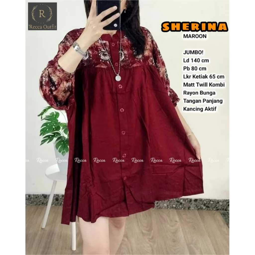 SALE Sherina Top Blouse Oversize LD 140 Tunik Super Jumbo Twill Premium Motif Bunga Lengan Panjang C